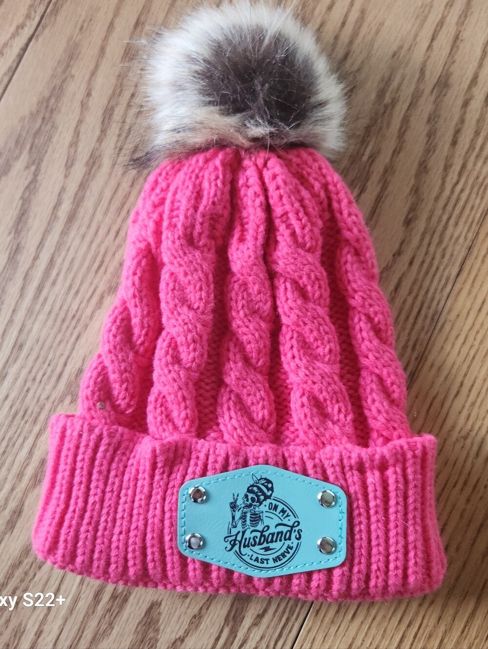 Bright Pink Knit Pom Beanie Hat w Patch That Says "On My Husbands Last Nerve"